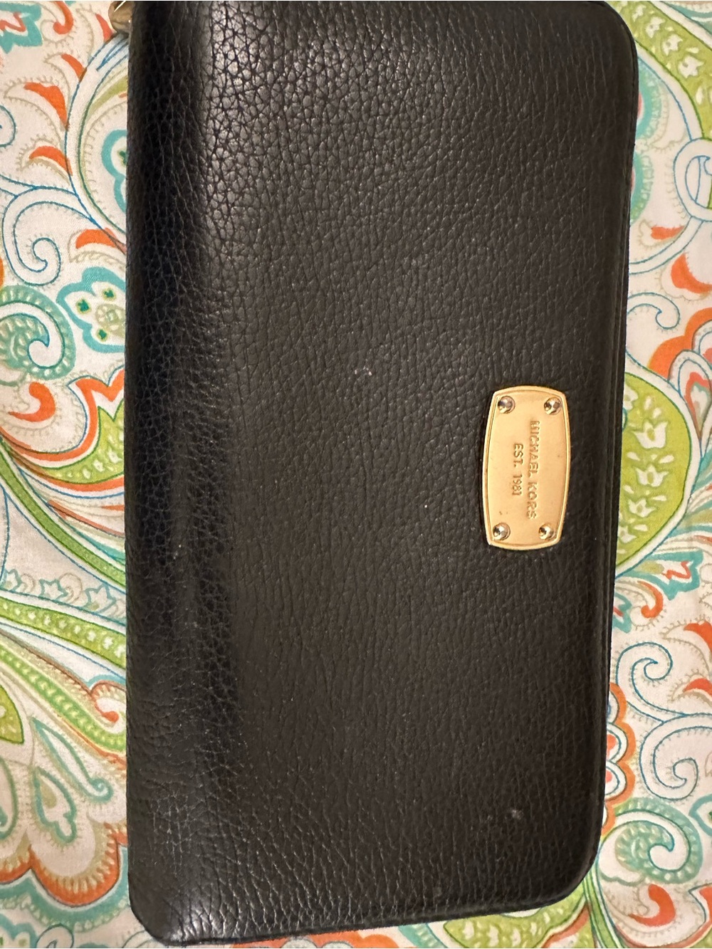 Michael Kors Black Pebbled Leather Zip-Around Wallet with Gold Plate